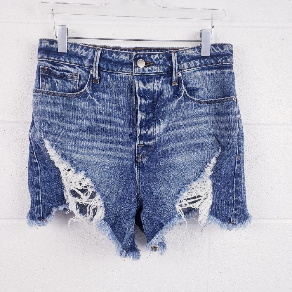 Good American Bombshell Distressed Jean Denim Shorts Medium Wash‎ Stretch Size 4 - Picture 2 of 7